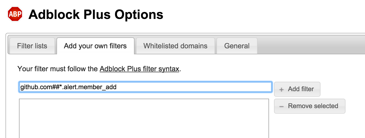 The "Add your own filters" tab of AdBlock Plus's extension settings, showing the string "github.com##.alert.member_add" entered in an input box.