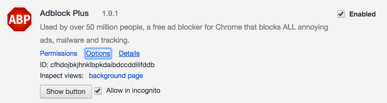 Chrome's extension settings page, showing the options for the AdBlock Plus extension