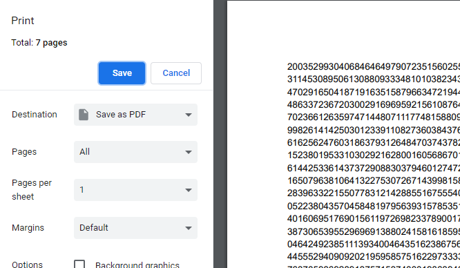 a print preview showing the very long number (20035299...) with "Total: 7 pages"